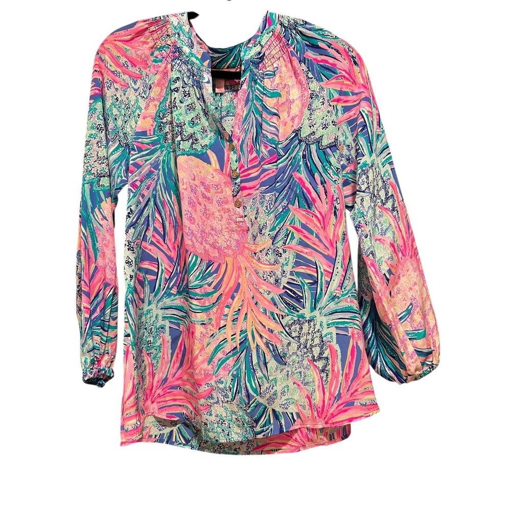 Lilly Pulitzer Elsa Top Womens Small Pink‎ Pineapple 100% Silk Tropical Bright